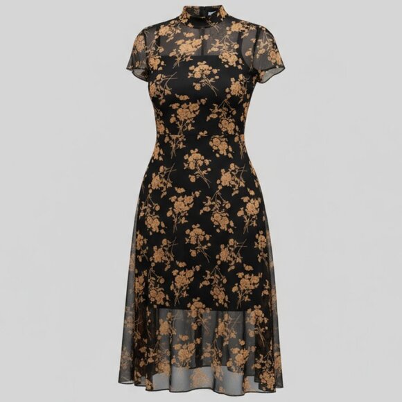 Black Floral Mesh Midi Dress with attached slip - Pre-Owned - Size Small - Picture 1 of 3